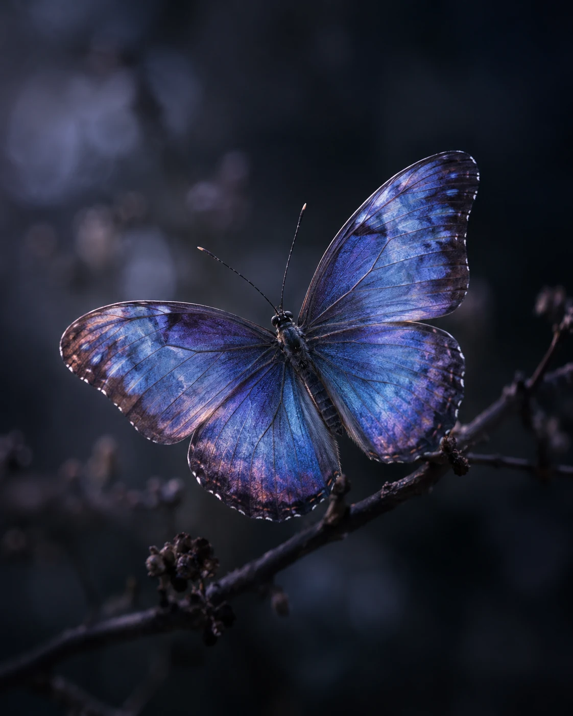 A delicate sapphire-blue and violet butterfly resting on a branch against a softly lit indigo background